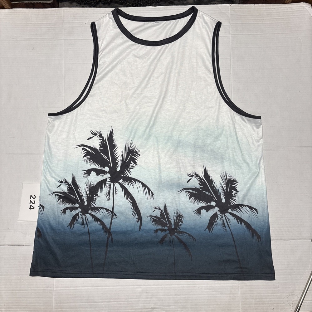 Men Tropical Palm Tree Tank Top Black Blue Sleeveless Beach Summer Shirt 2XL